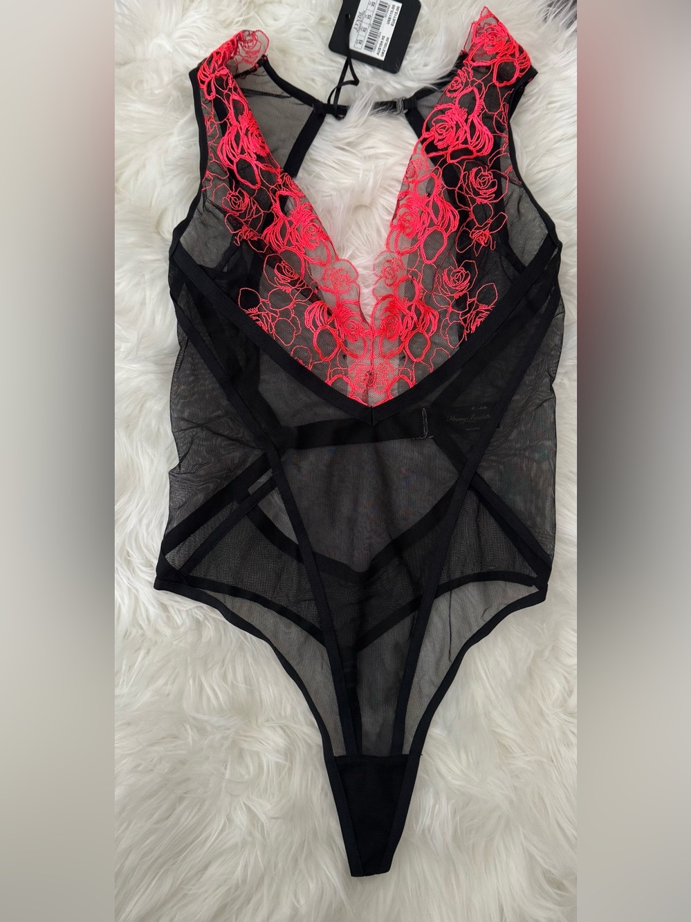 Honey Birdette Lyndl Sheer Black Bodysuit with Neon Pink Floral Lace XS